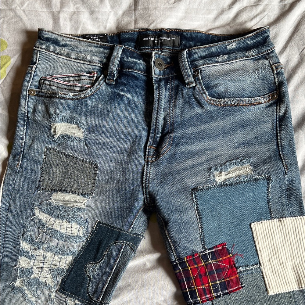 Cult of Individuality Men’s Blue Patchwork Distressed Jeans